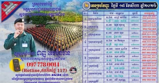 ☎️លេខ​ទូរ​ស័ព្ទ​ ប្រចាំបញ្ជា២៤ម៉ោងលេី ២៤ម៉ោងថ្ងៃទី​១៨ខែ​ សីហា ឆ្នាំ​២០​២៦​សម្រាប់ប្រ ជាពលរដ្ឋ