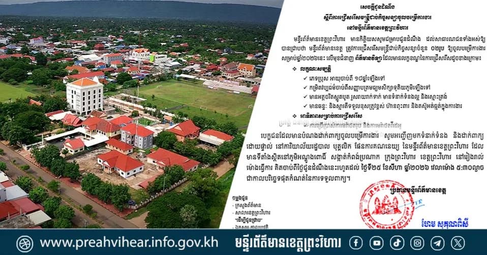 សេចក្ដីជូនដំណឹង ស្ដីពីការជ្រើសរើសមន្ដ្រីជាប់កិច្ចសន្យាចូលបម្រើការងារ នៅមន្ទីរព័ត៌មានខេត្តព្រះវិហារ